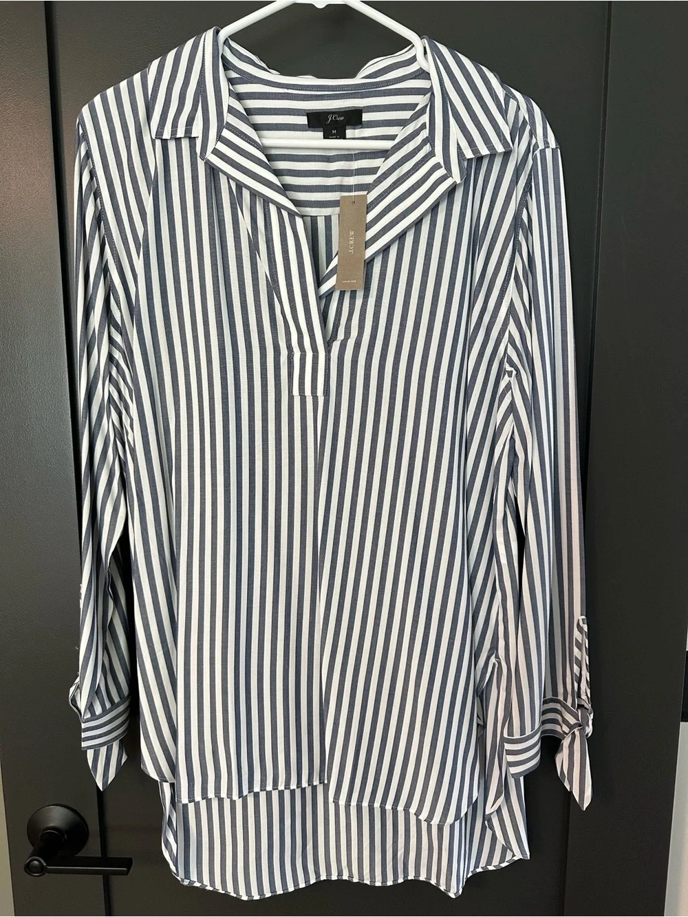 J.Crew Collared Tie-Sleeve Popover Shirt in Navy/White Stripe